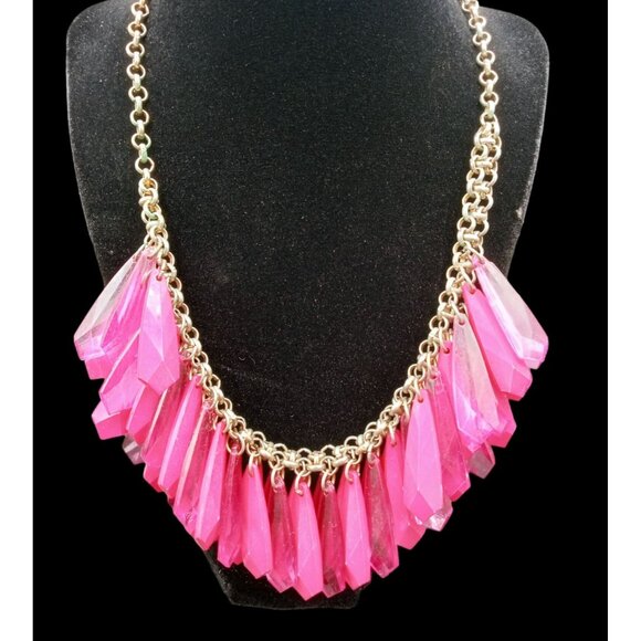 Bold Pink Statement Necklace Faceted Acrylic Drops Chunky Bib Adjustable Y2K 'N' - Picture 2 of 13
